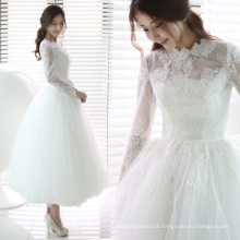 2019 New Puffy Ball Gown Women Party Dress Appliqued Lace Mid Calf Elegant Wedding Dress bridal Gown with Long Sleeves